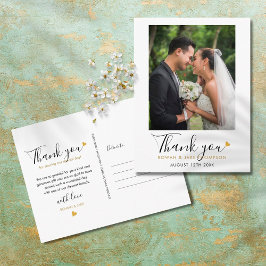 Elegante Script Gouden Hart Trouwfoto Bedankt Briefkaart