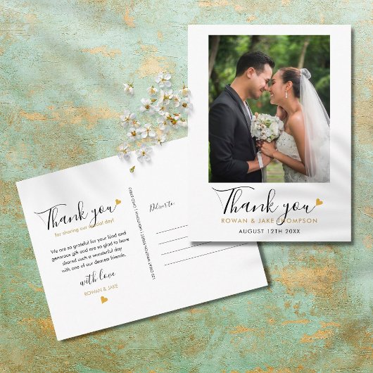 Elegante Script Gouden Hart Trouwfoto Bedankt Briefkaart
