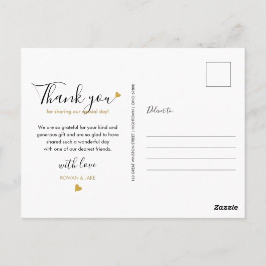 Elegante script gouden hart trouwfoto dankjewel briefkaart (Achterkant)