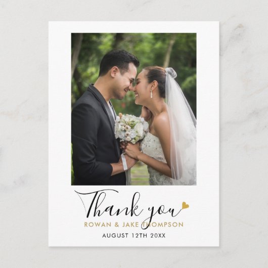 Elegante script gouden hart trouwfoto dankjewel briefkaart (Voorkant)
