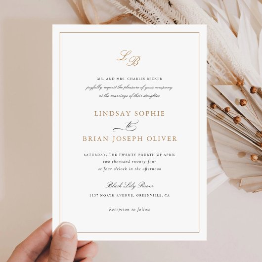 Elegante script gouden monogram moderne trouwkaart kaart