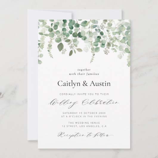 Elegante script groen bloemenbruiloft uitnodiging (Voorkant)