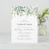 Elegante script groen bloemenbruiloft uitnodiging (Staand voorkant)