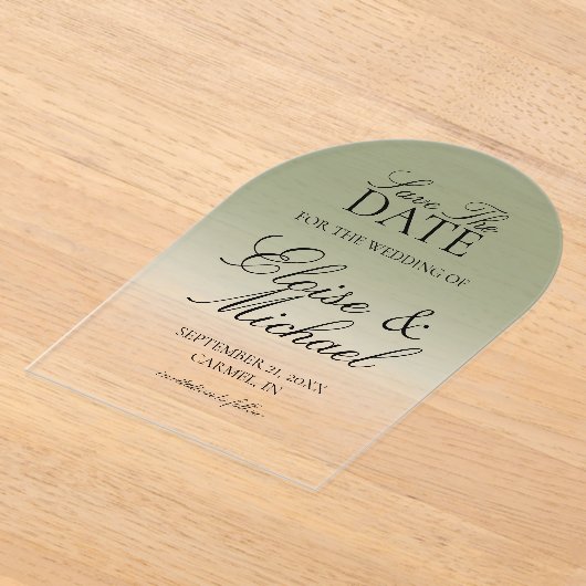 Elegante Script Groene Gradiënt Bewaar De Datum Acryl Uitnodigingen (Laagn)