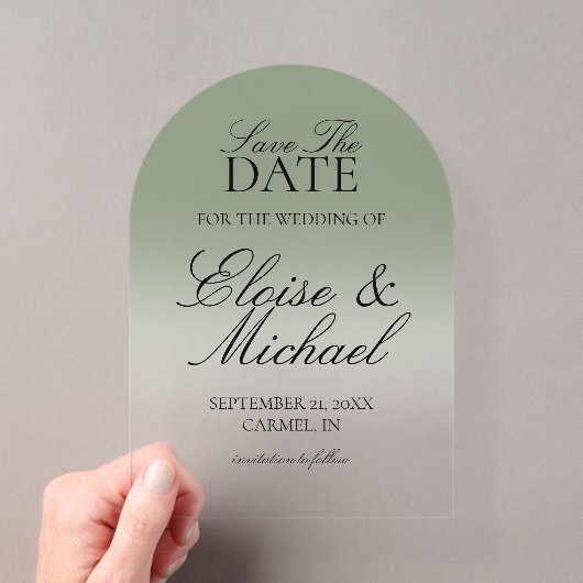 Elegante Script Groene Gradiënt Bewaar De Datum Acryl Uitnodigingen (Insitu (Draagbaar))