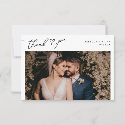 Elegante Script Hart Groenery Trouwfoto Bedankkaart (Voorkant)