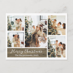 Elegante Script Houtstructuur 5 Foto Kerstmis Feestdagenkaart