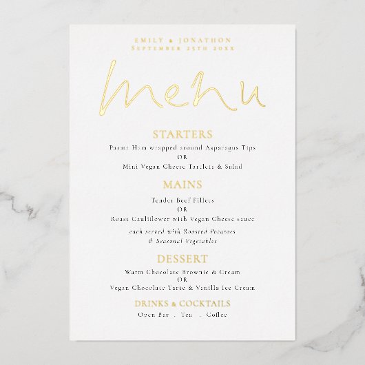 Elegante Script Huwelijk Echt Folie Menu Kaart (Voorkant)