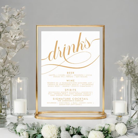Elegante script huwelijksdranken gouden bar menu poster