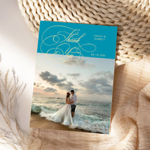 Elegante Script Huwelijksfoto Aqua Blauwe Bedankkaart