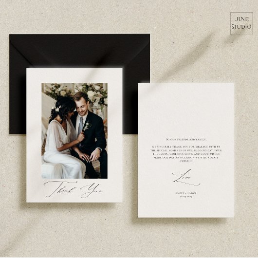Elegante script huwelijksfoto bedankkaart