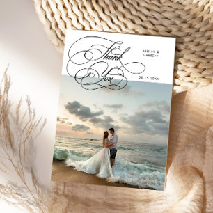 Elegante script huwelijksfoto wit bedankkaart