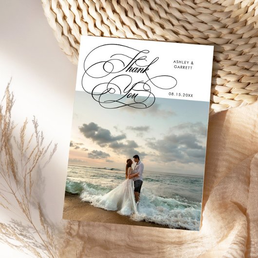 Elegante script huwelijksfoto wit bedankkaart