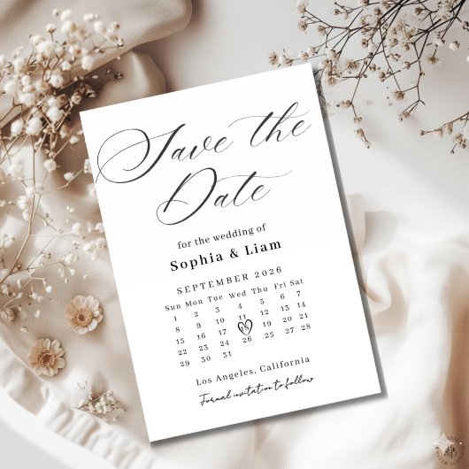 Elegante Script Kalendar Save the Date Kaart