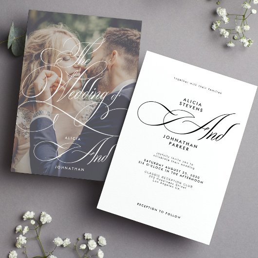 Elegante script kalligrafie foto bruiloft kaart