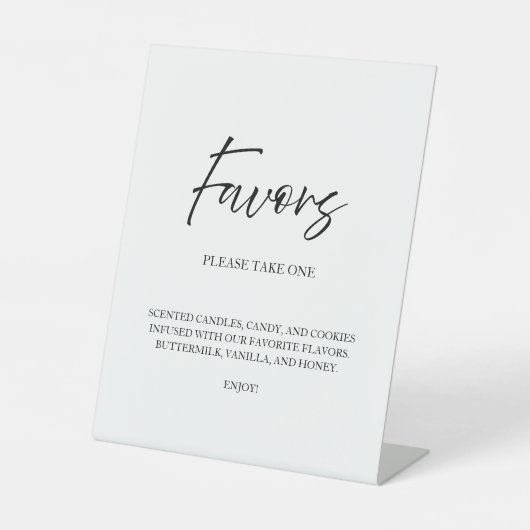 Elegante script kalligrafie gunst witte bruiloft reclamebord met voetstuk (Voorkant)