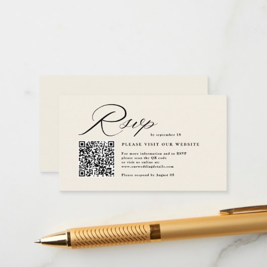 Elegante Script Kalligrafie & QR Code Wedding RSVP Informatiekaartje (Voorkant / Achterkant in situ)