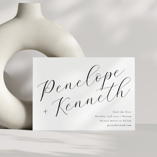 Elegante script kalligrafie stijlvolle witte bruil save the date