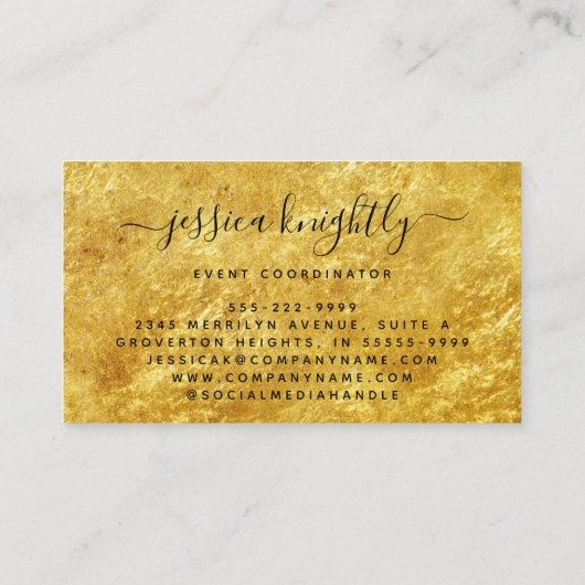 Elegante script kalligrafie swash zwart goud visitekaartje (Achterkant)