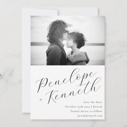 Elegante Script kalligrafie wit bruiloft foto Save The Date (Voorkant)