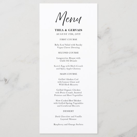 Elegante Script kalligrafie witte bruiloft Menu (Voorkant)