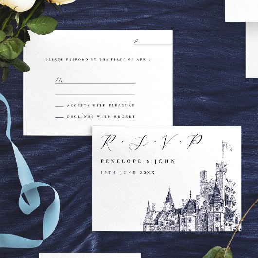 Elegante Script Kasteel Illustratie Bruiloft RSVP Kaartje