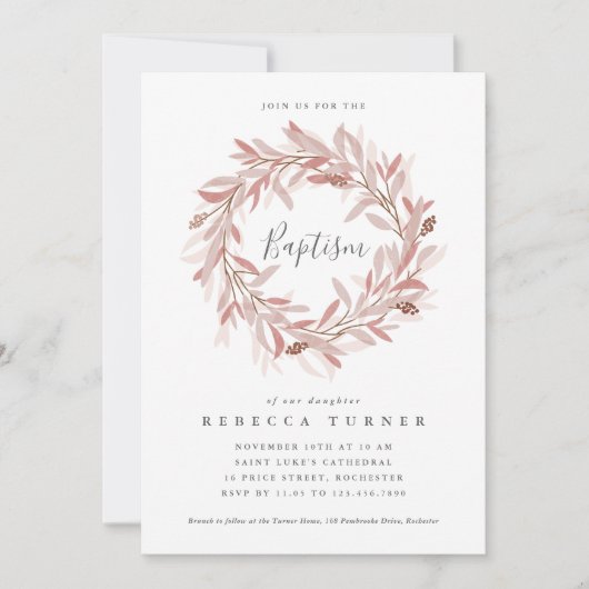 Elegante Script Krans Waterverf Doop Kaart (Voorkant)