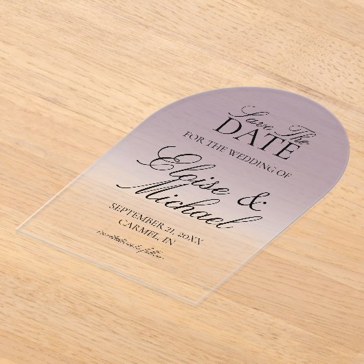 Elegante Script Lavendel Gradiënt Bewaar de Datum Acryl Uitnodigingen (Laagn)