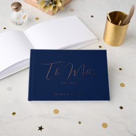 Elegante script lettertype Navy & Rose Goud Huweli Gastenboek