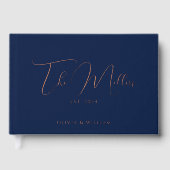Elegante script lettertype Navy & Rose Goud Huweli Gastenboek (Voorkant)