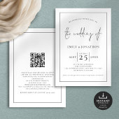 Elegante Script Line Border QR Zwart Wit Bruiloft Kaart