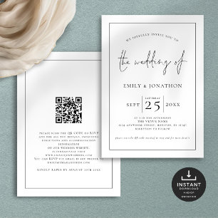 Elegante Script Line Border QR Zwart Wit Bruiloft Kaart