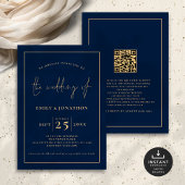 Elegante Script Line QR Code Marine Blauw Goud Bru Kaart