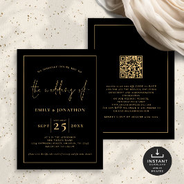 Elegante Script Line QR Code Zwart Goud Bruiloft Kaart