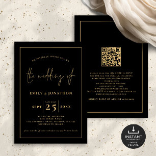 Elegante Script Line QR Code Zwart Goud Bruiloft Kaart
