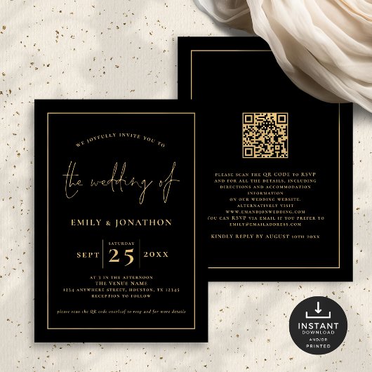 Elegante Script Line QR Code Zwart Goud Bruiloft Kaart