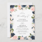 Elegante script marine en blozen bloemenbruiloft kaart (Voorkant)
