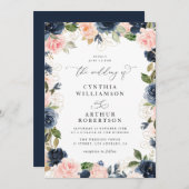 Elegante script marine en blozen bloemenbruiloft kaart (Voorkant / Achterkant)