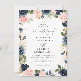 Elegante script marine en blozen bloemenbruiloft kaart