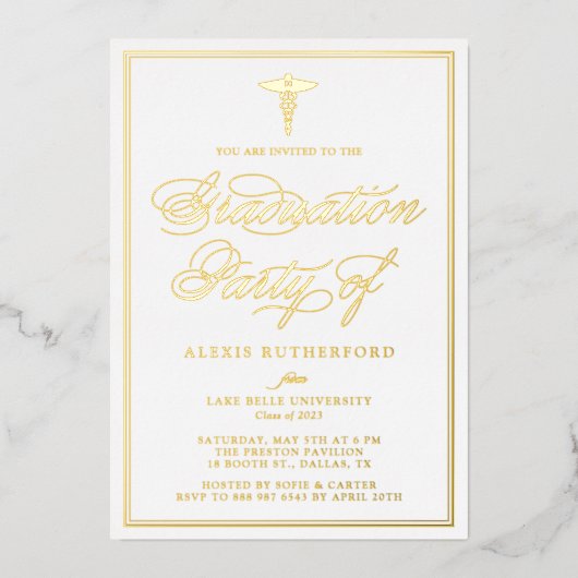 Elegante script medische school afstudeerfeest folie uitnodiging (Voorkant)