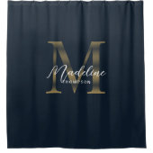 Elegante script metalen navyblauw gouden monogram douchegordijn (Voorkant)