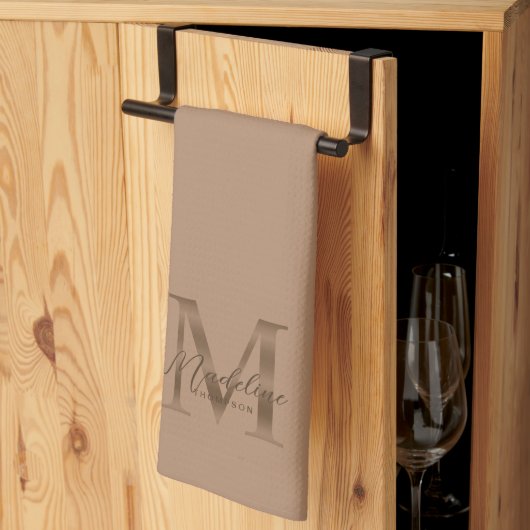 Elegante script metalen taupe gouden monogram theedoek (Derde Gevouwen)