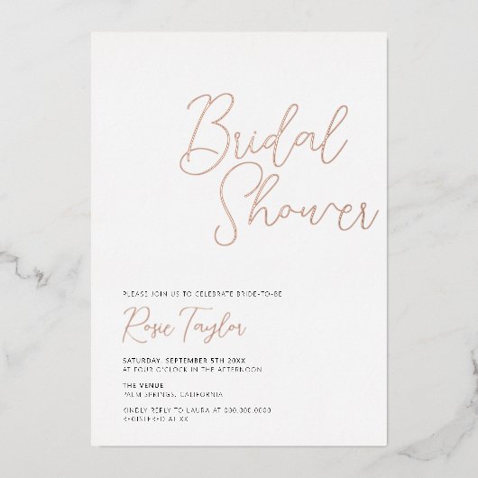 Elegante Script Minimal Rose Goud Bruidsdouche Folie Uitnodiging (Voorkant)