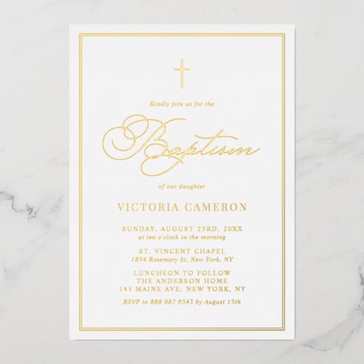 Elegante Script Minimalistische Foto Doop Folie Uitnodiging (Voorkant)