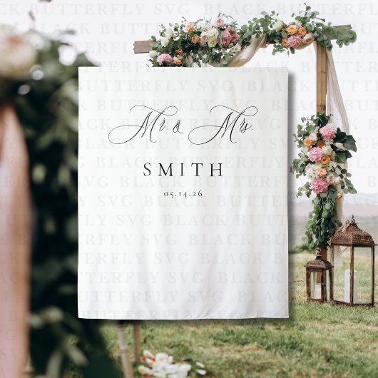 Elegante Script Minimalistische Trouwfoto Achtergr Wandkleed
