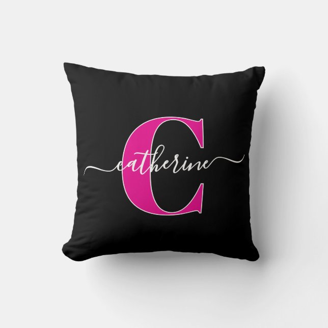Elegante script minimalistische zwarte roze monogr kussen (Voorkant)