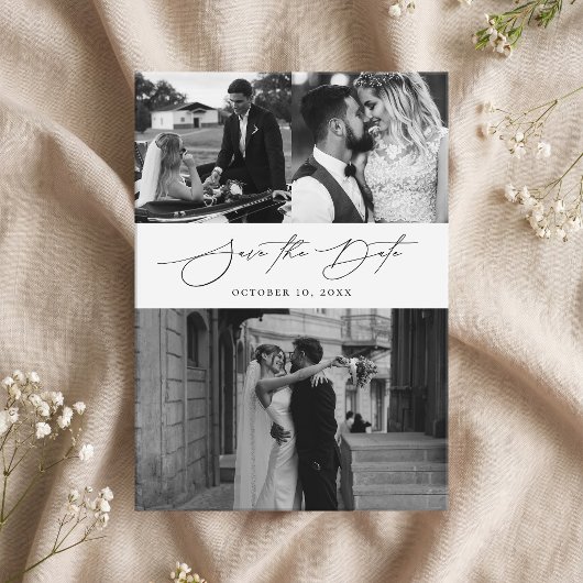 Elegante Script Moderne Fotocollage Bruiloft Save The Date