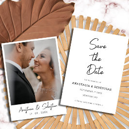 Elegante script moderne zwart-wit foto trouwkaart save the date