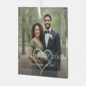 Elegante script Moeder van de Bruidegom Foto Aande Glas Ornament (Voorkant links)