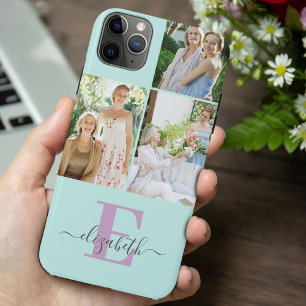 Elegante Script Monogram 3 Foto Mint en Lila Case-Mate iPhone Case